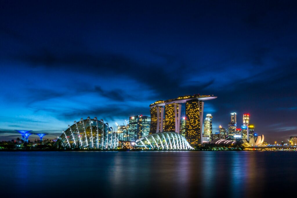 the night skyline of Singapore, a top destination for women traveling alone